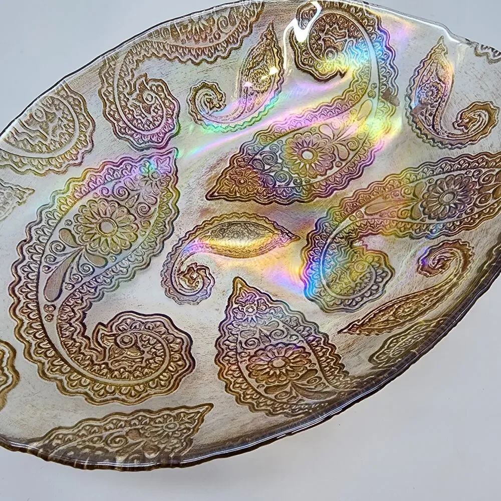 Paisley Carnival Glass Bowl Decorative Oval Embossed MCM Iridescent 9x12 Vintage